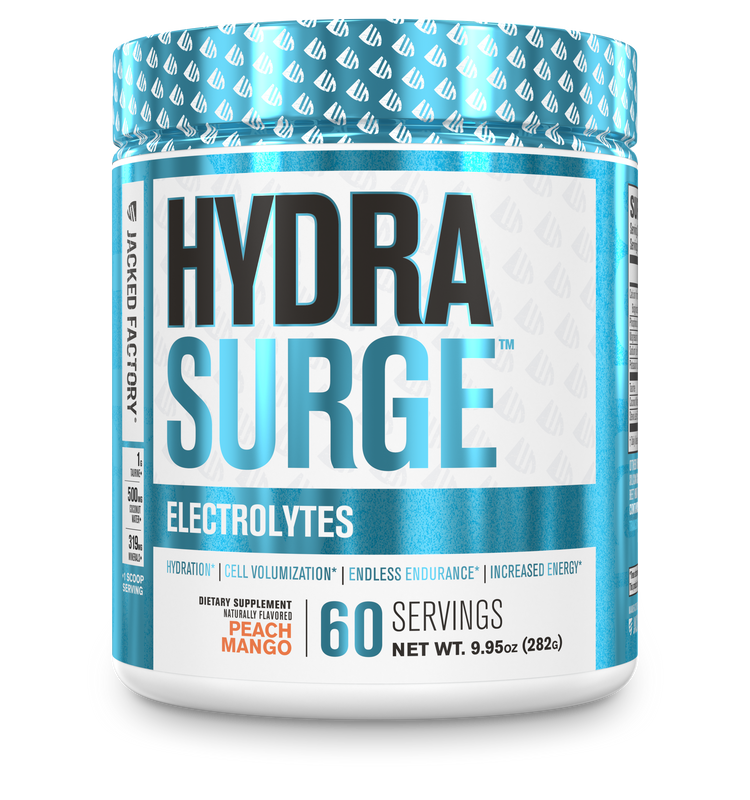 Jacked Factory's Peach Mango Hydrasurge electrolytes powder (60 servings) in a white bottle with light blue label