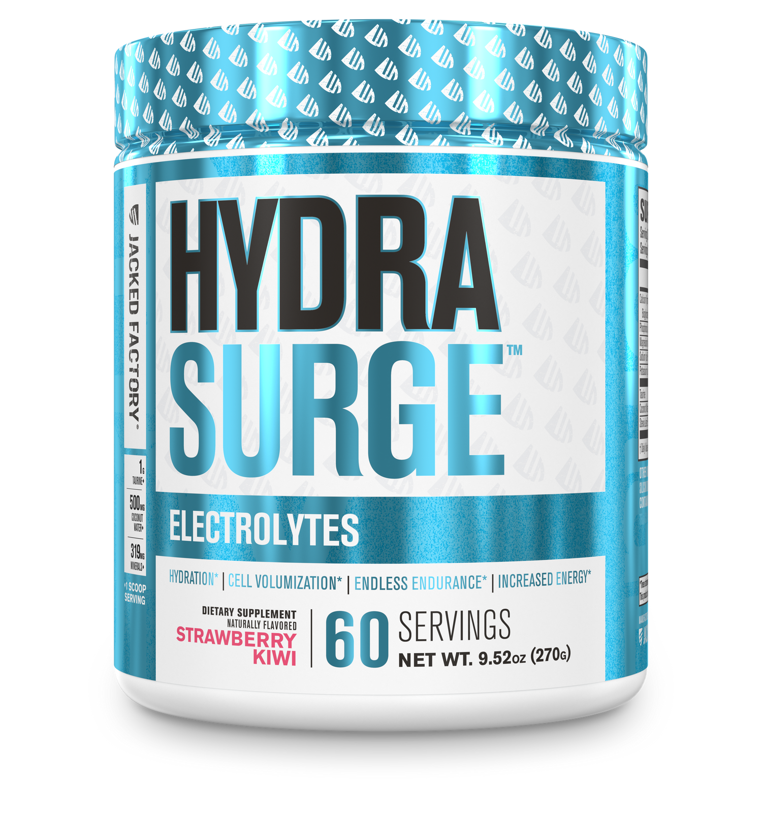 Jacked Factory's Strawberry Kiwi Hydrasurge electrolytes powder (60 servings) in a white bottle with light blue label
