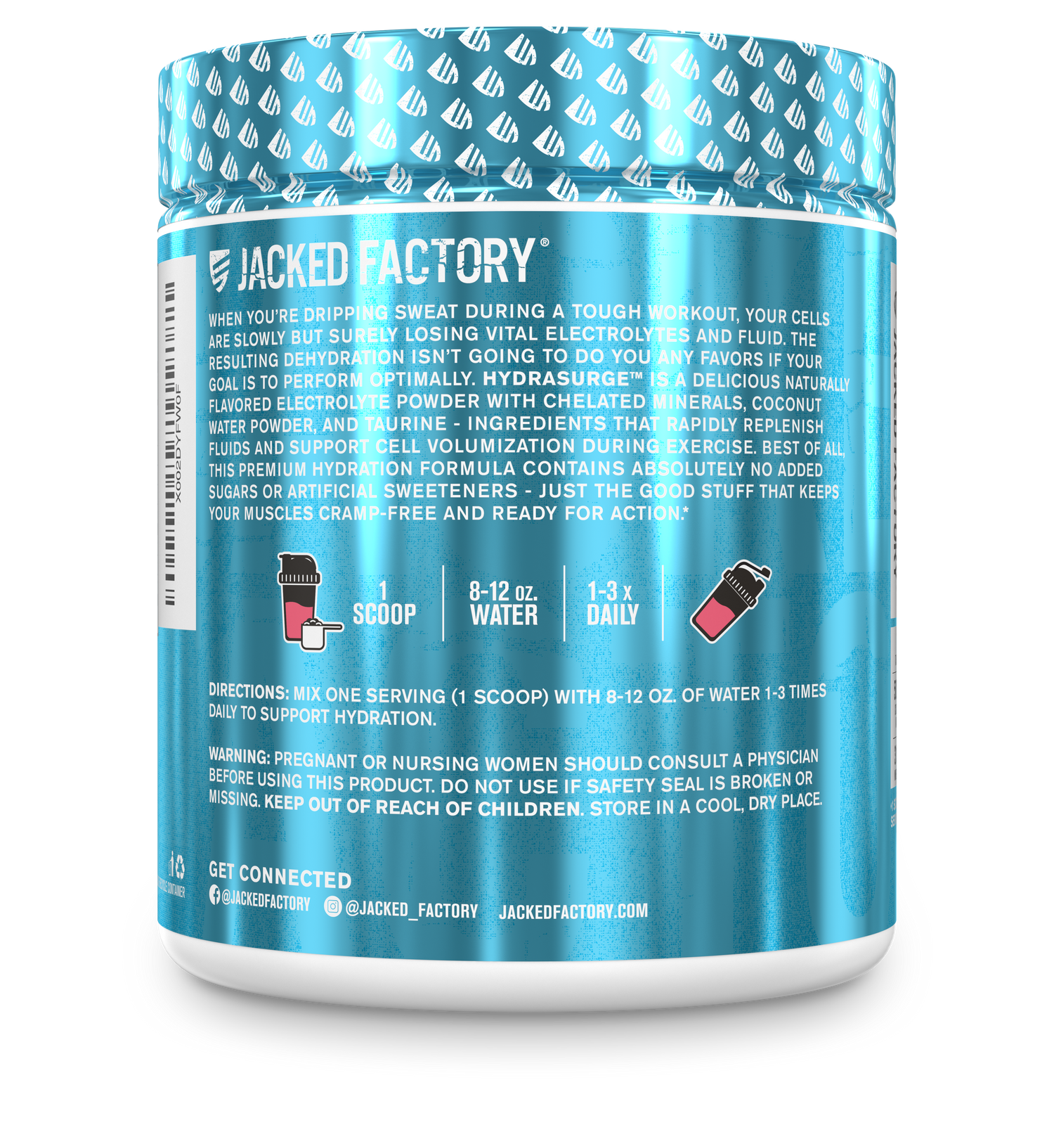 Side of Jacked Factory Hydrasurge Premium Electrolytes label with recommended usage