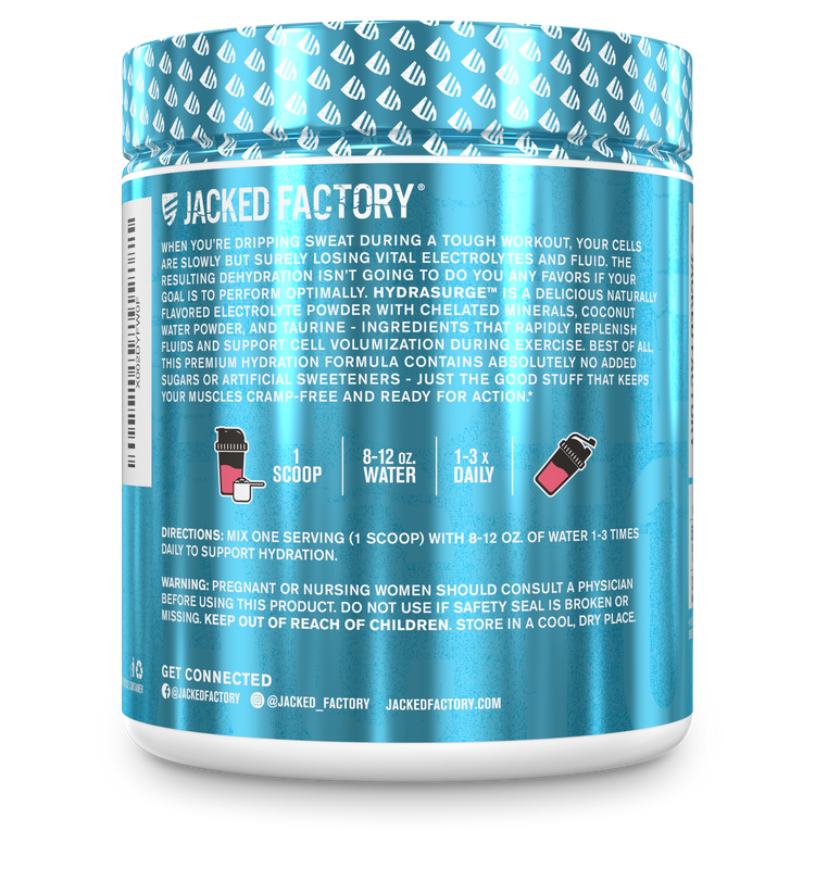 Side of Jacked Factory Hydrasurge Premium Electrolytes label with recommended usage