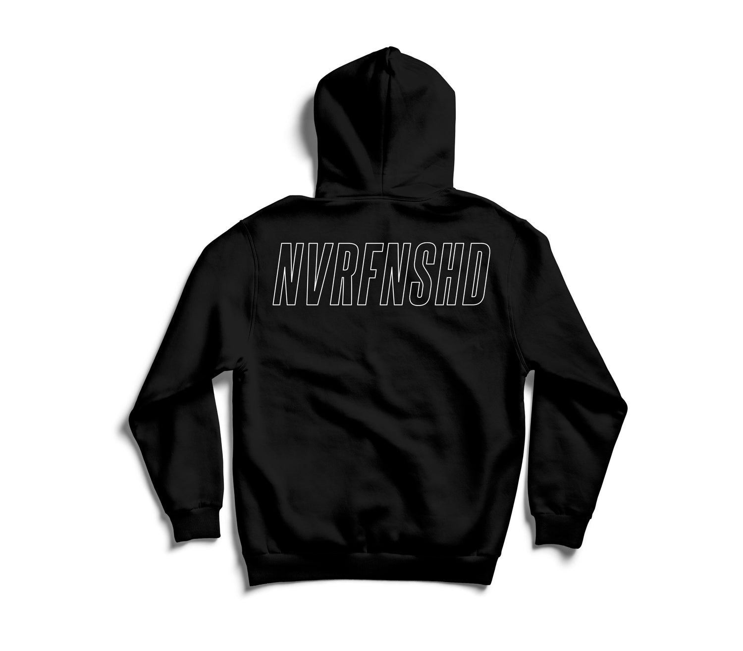 Back of Jacked Factory Never Finished Hoodie with the text "NVRFNSHD"