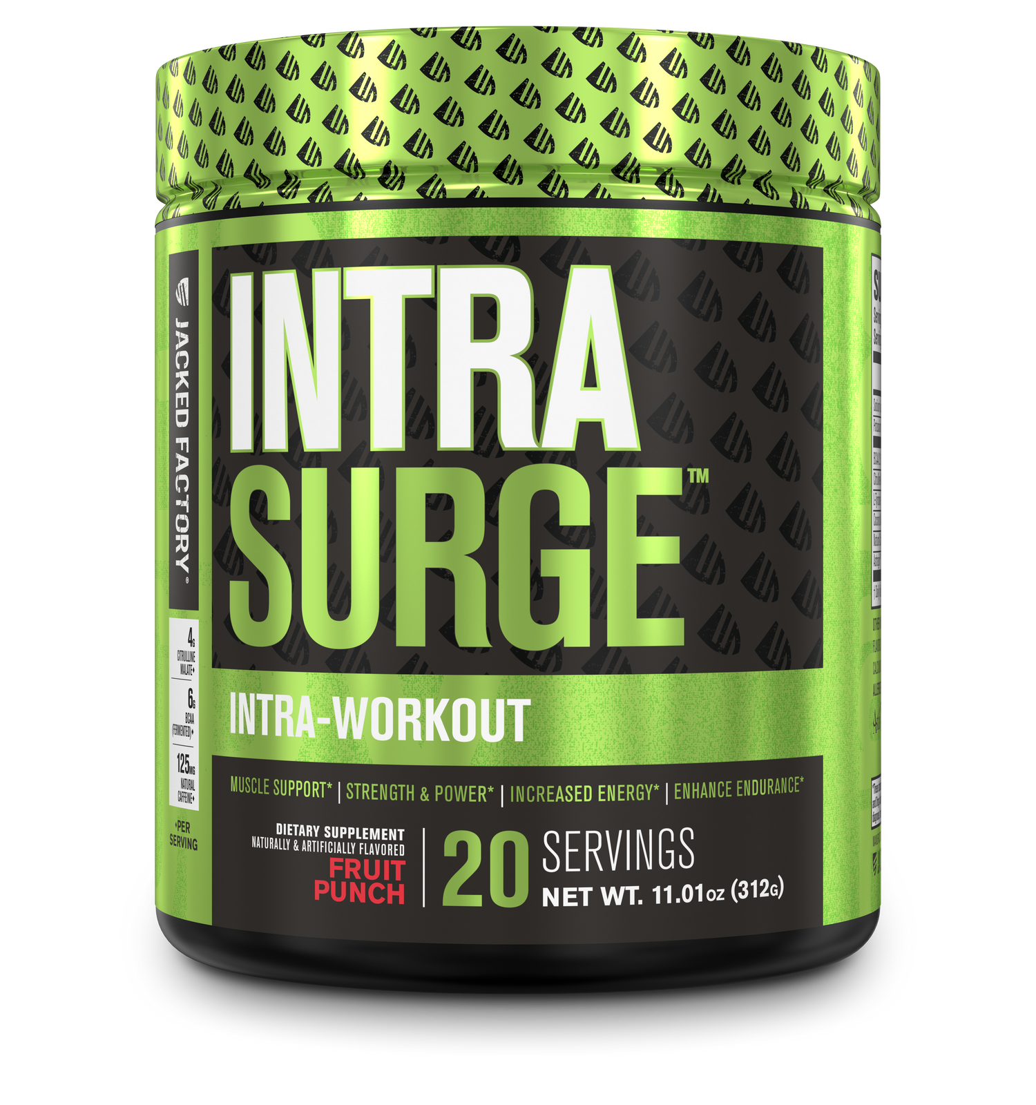 Jacked Factory's Fruit Punch Intrasurge (20 servings) in a black bottle with light green label