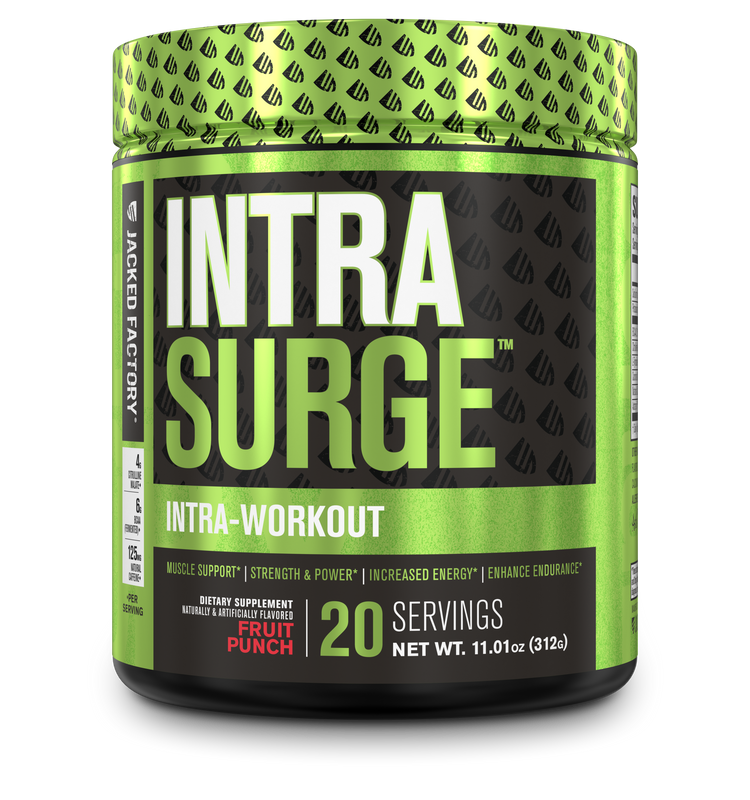 Jacked Factory's Fruit Punch Intrasurge (20 servings) in a black bottle with light green label