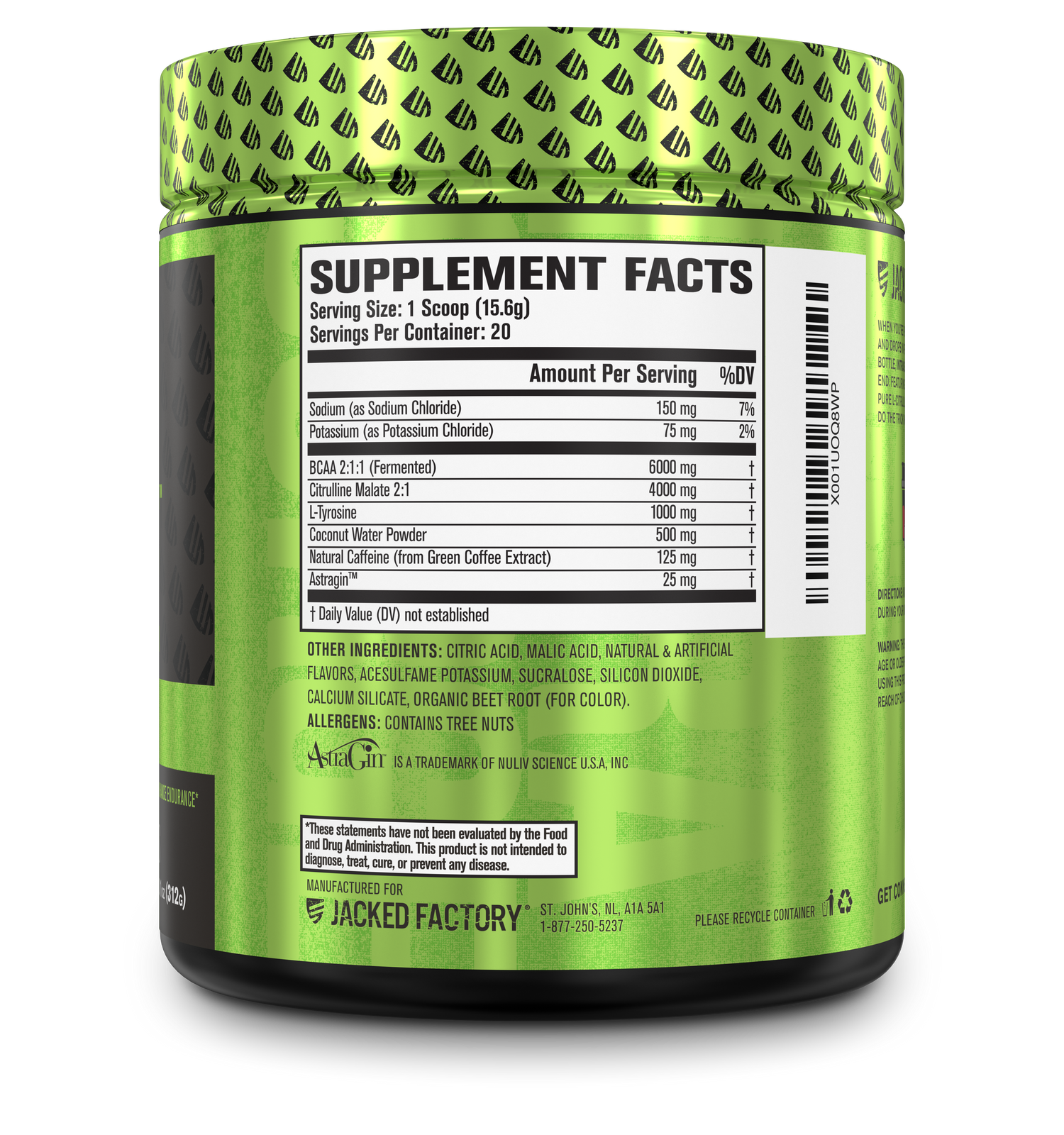 Side of Jacked Factory's Intrasurge (20 servings) in a black bottle with light green label showing nutritional information