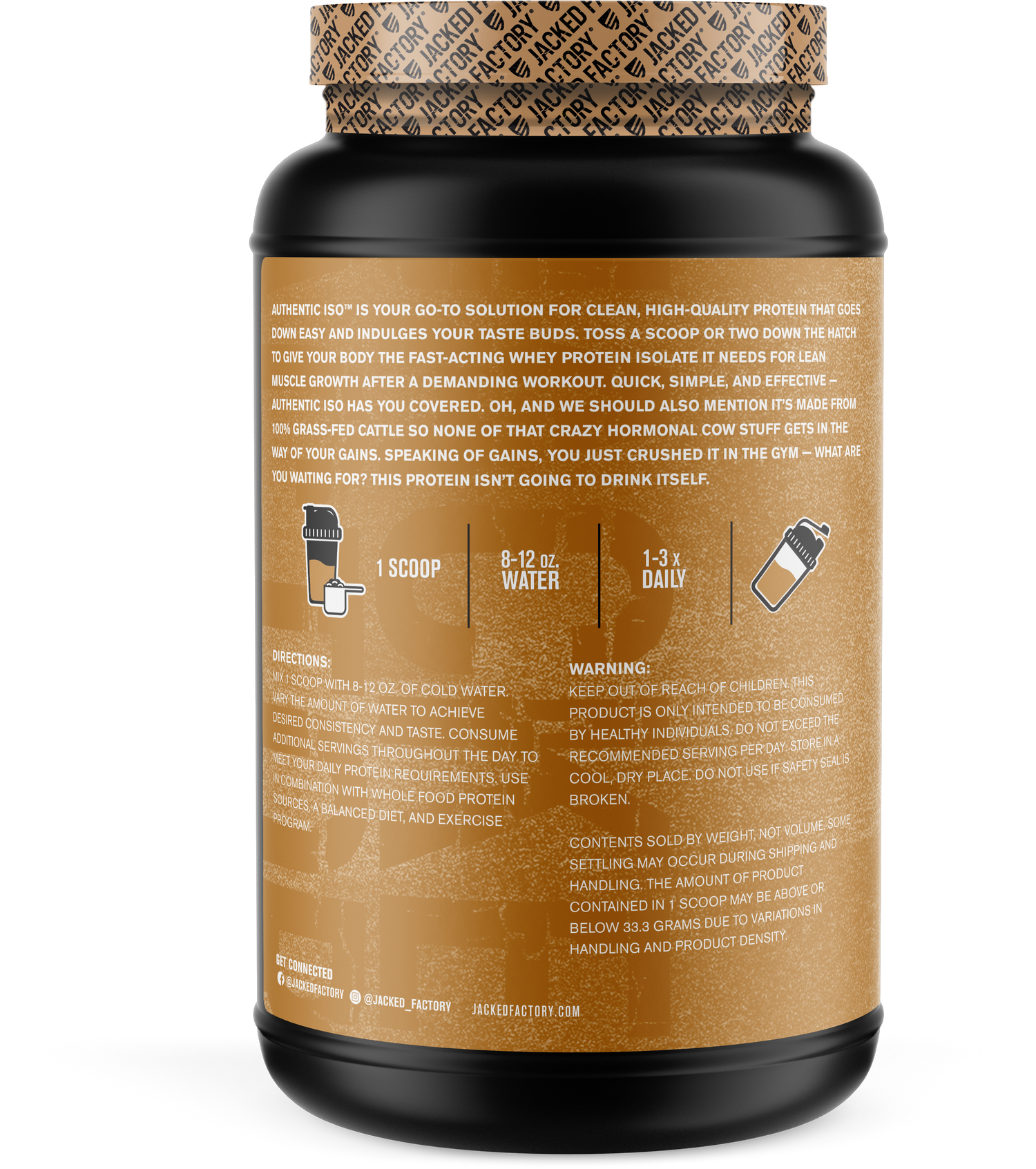 Jacked Factory's 30 servings Chocolate Peanut Butter Authentic ISO protein in a black bottle with brown label showing product description