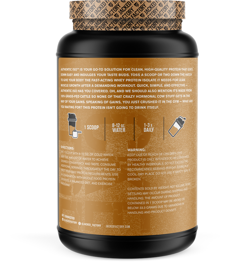 Jacked Factory's 30 servings Chocolate Peanut Butter Authentic ISO protein in a black bottle with brown label showing product description