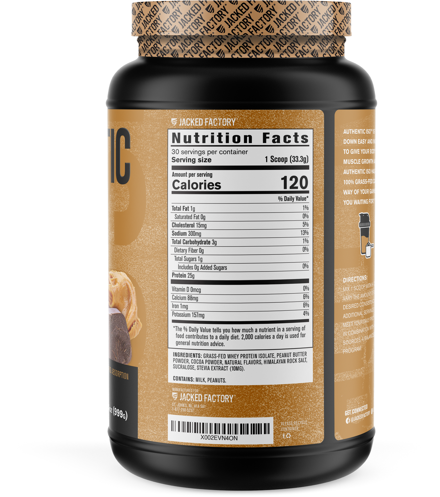 Jacked Factory's 30 servings Chocolate Peanut Butter Authentic ISO protein in a black bottle with brown label showing nutrition facts