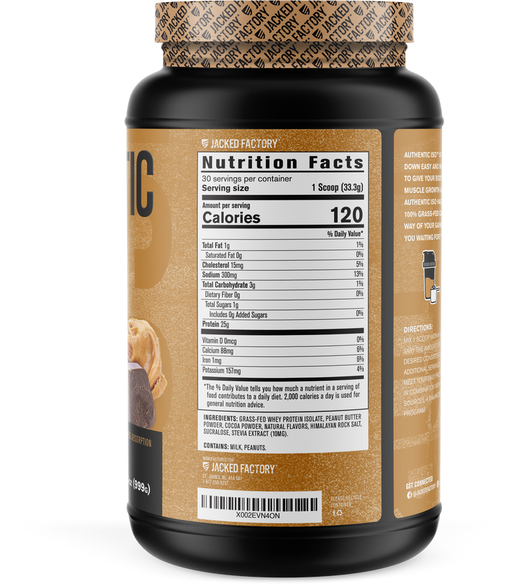 Jacked Factory's 30 servings Chocolate Peanut Butter Authentic ISO protein in a black bottle with brown label showing nutrition facts