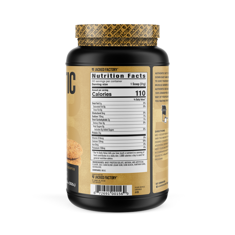 Jacked Factory's 30 servings Vanilla Oatmeal Cookie Authentic ISO protein in a black bottle with cream colored label showing nutrition facts