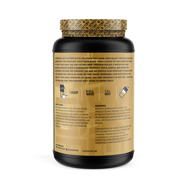 Jacked Factory's 30 servings Vanilla Oatmeal Cookie Authentic ISO protein in a black bottle with cream colored label showing product description
