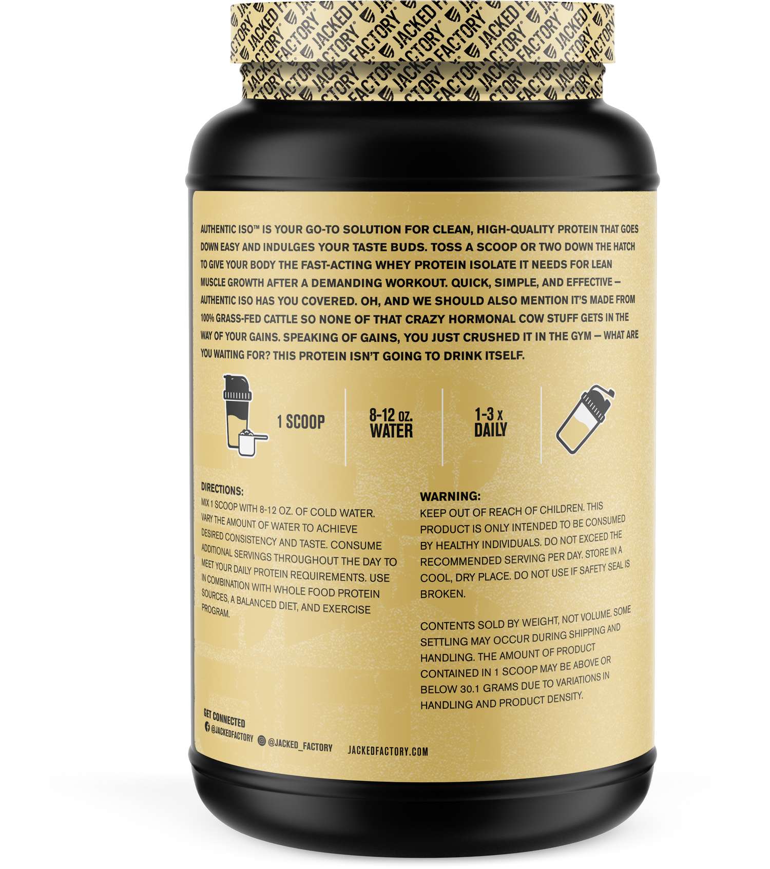 Jacked Factory's 30 servings Vanilla Authentic ISO protein in a black bottle with cream colored label showing product description