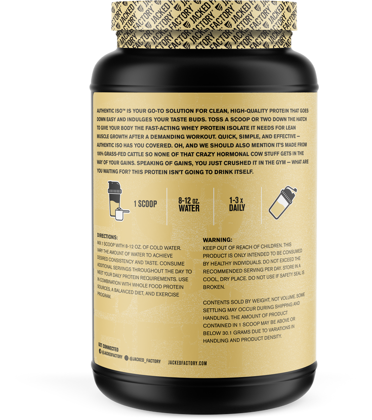 Jacked Factory's 30 servings Vanilla Authentic ISO protein in a black bottle with cream colored label showing product description