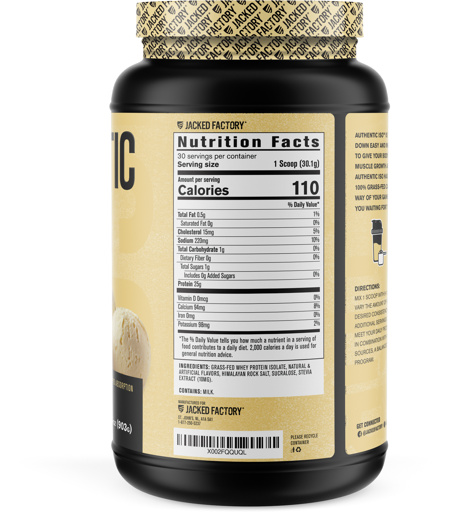 Jacked Factory's 30 servings Vanilla Authentic ISO protein in a black bottle with cream colored label showing nutrition facts