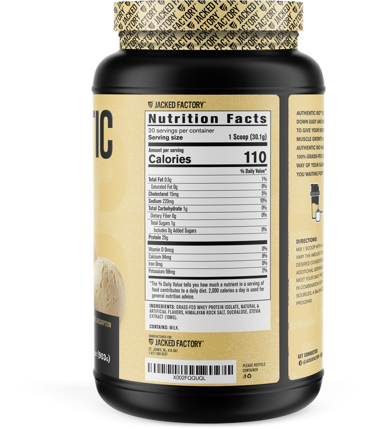 Jacked Factory's 30 servings Vanilla Authentic ISO protein in a black bottle with cream colored label showing nutrition facts