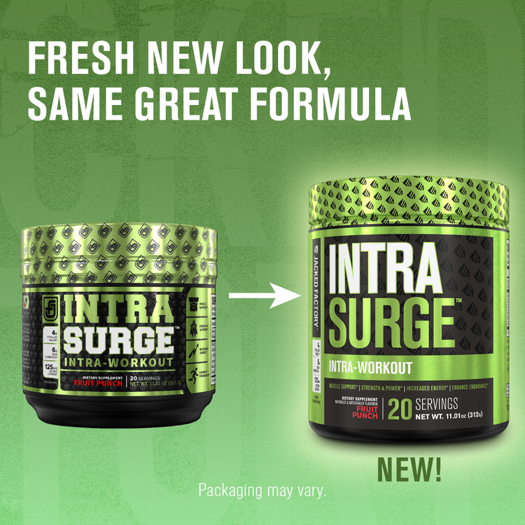 Comparing old Intra Surge Fruit Punch (20 servings) label to new Jacked Factory Intra Surge Fruit Punch (20 servings) label with the text "FRESH NEW LOOK, SAME GREAT FORMULA". Underneath reads "Packaging may vary."