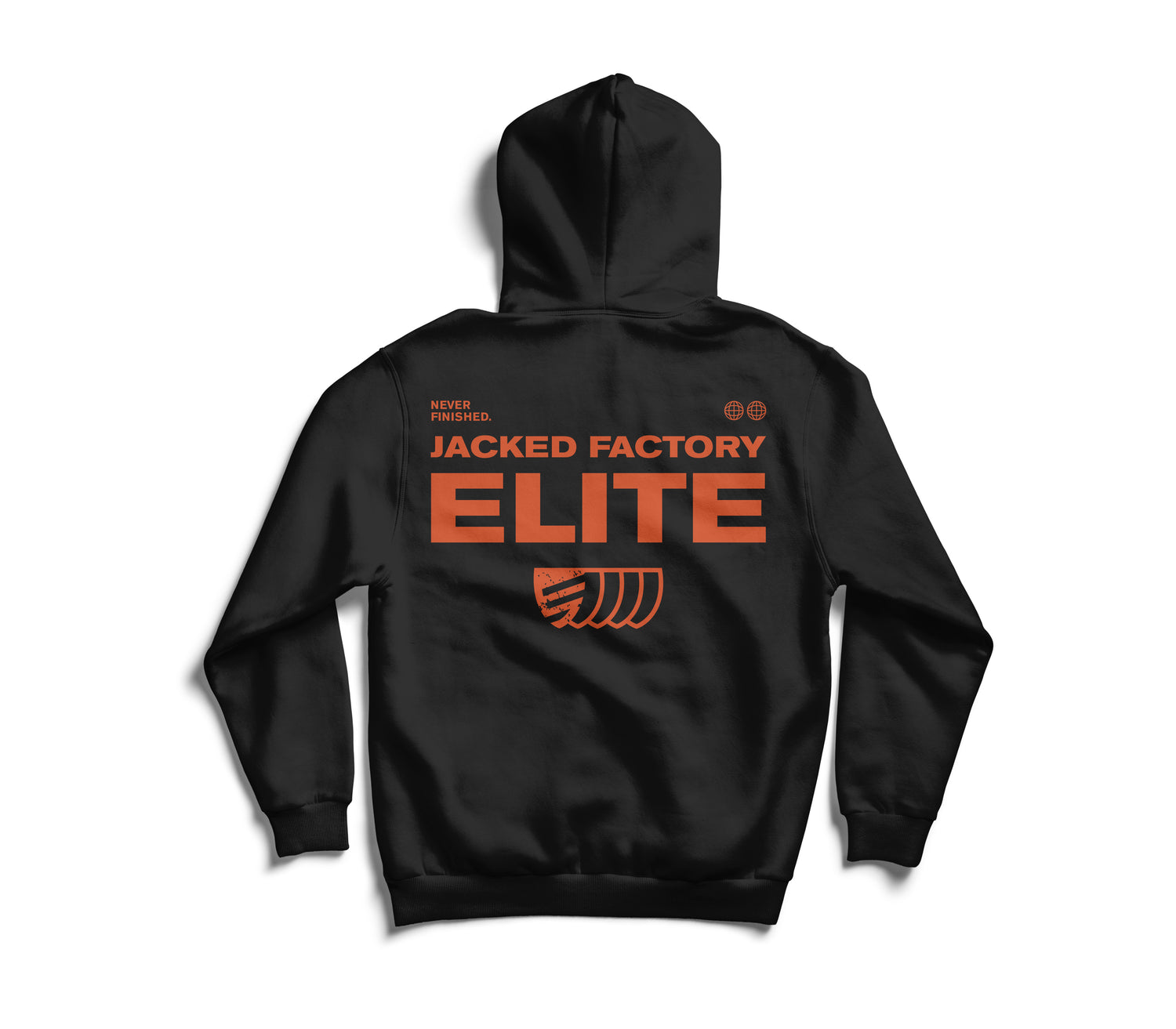Back of black Jacked Factory Elite hoodie with red text and logo