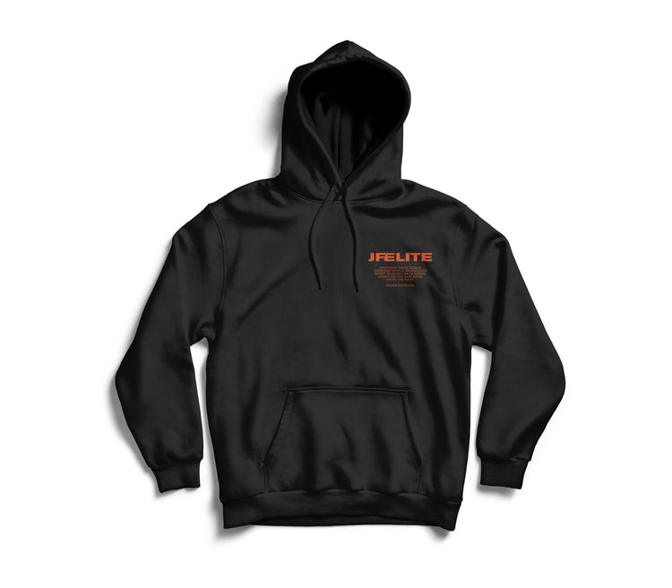 Front of of black Jacked Factory Elite hoodie with red text and logo
