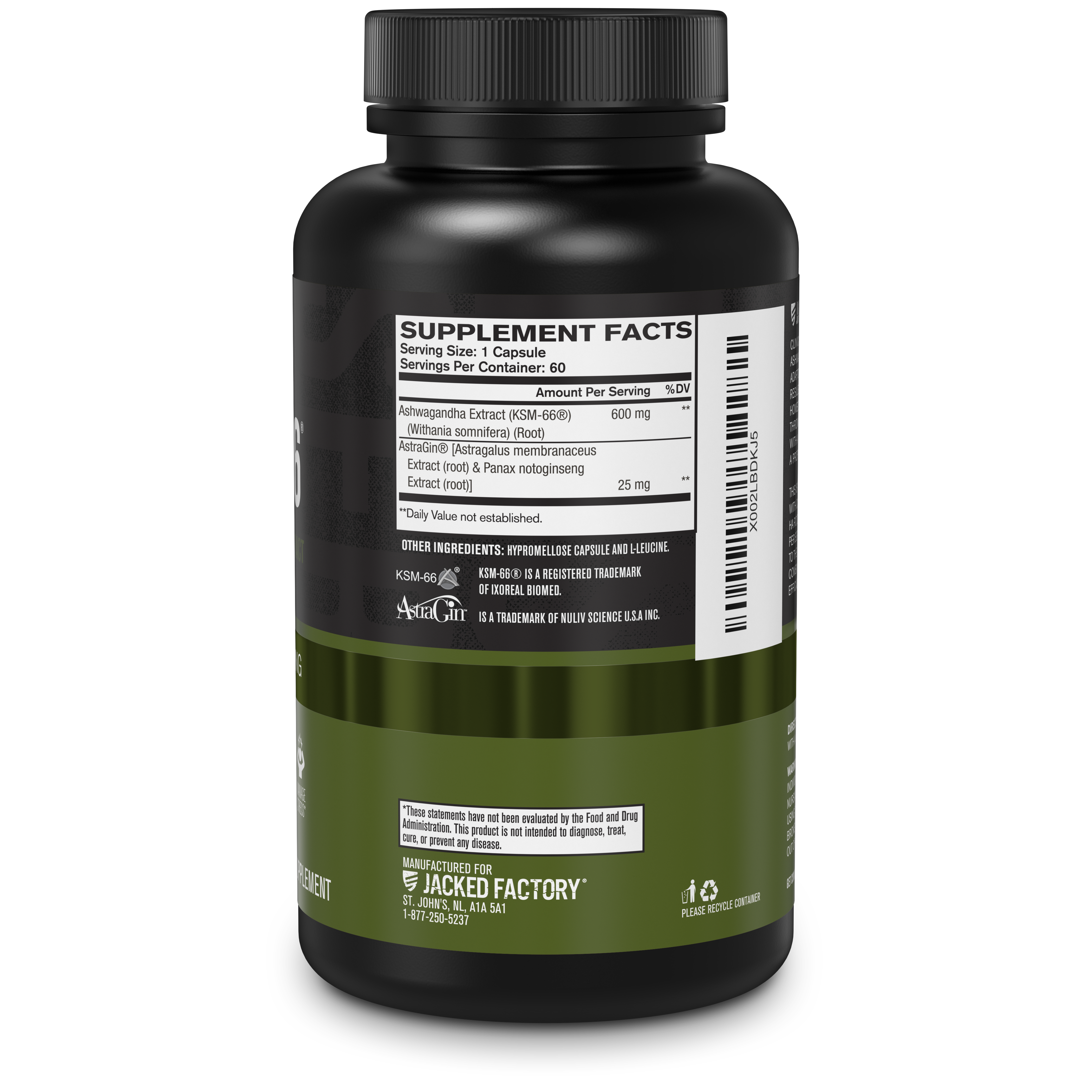 Side of Jacked Factory's KSM-66 (60 capsules) in a black bottle with metallic green label showing nutritional information