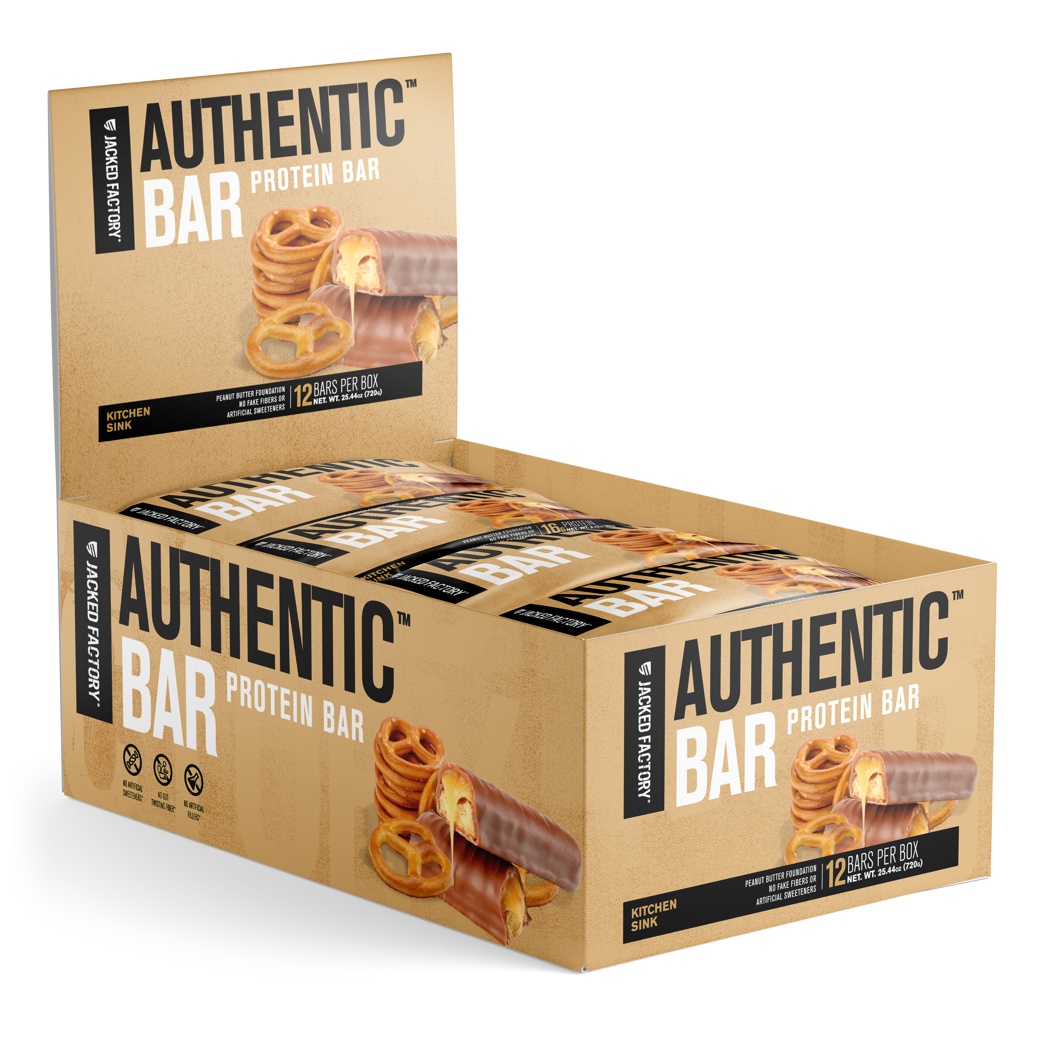 Jacked Factory's 12-pack of Kitchen Sink Authentic Bars in a beige box with pretzel and chocolate image 