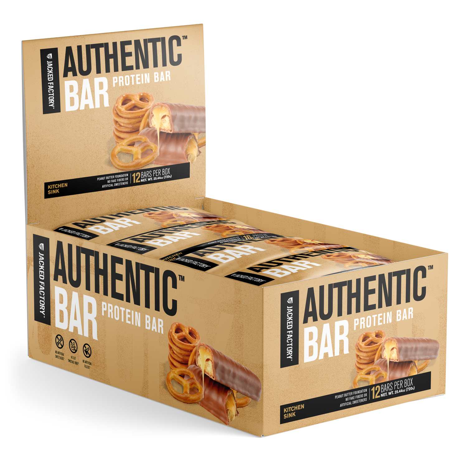 Jacked Factory's 12-pack of Kitchen Sink Authentic Bars in a beige box with pretzel and chocolate image 