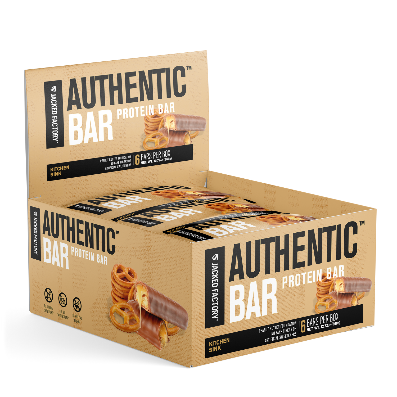 Jacked Factory's 6-pack of Kitchen Sink Authentic Bars in a beige box with pretzel and chocolate image