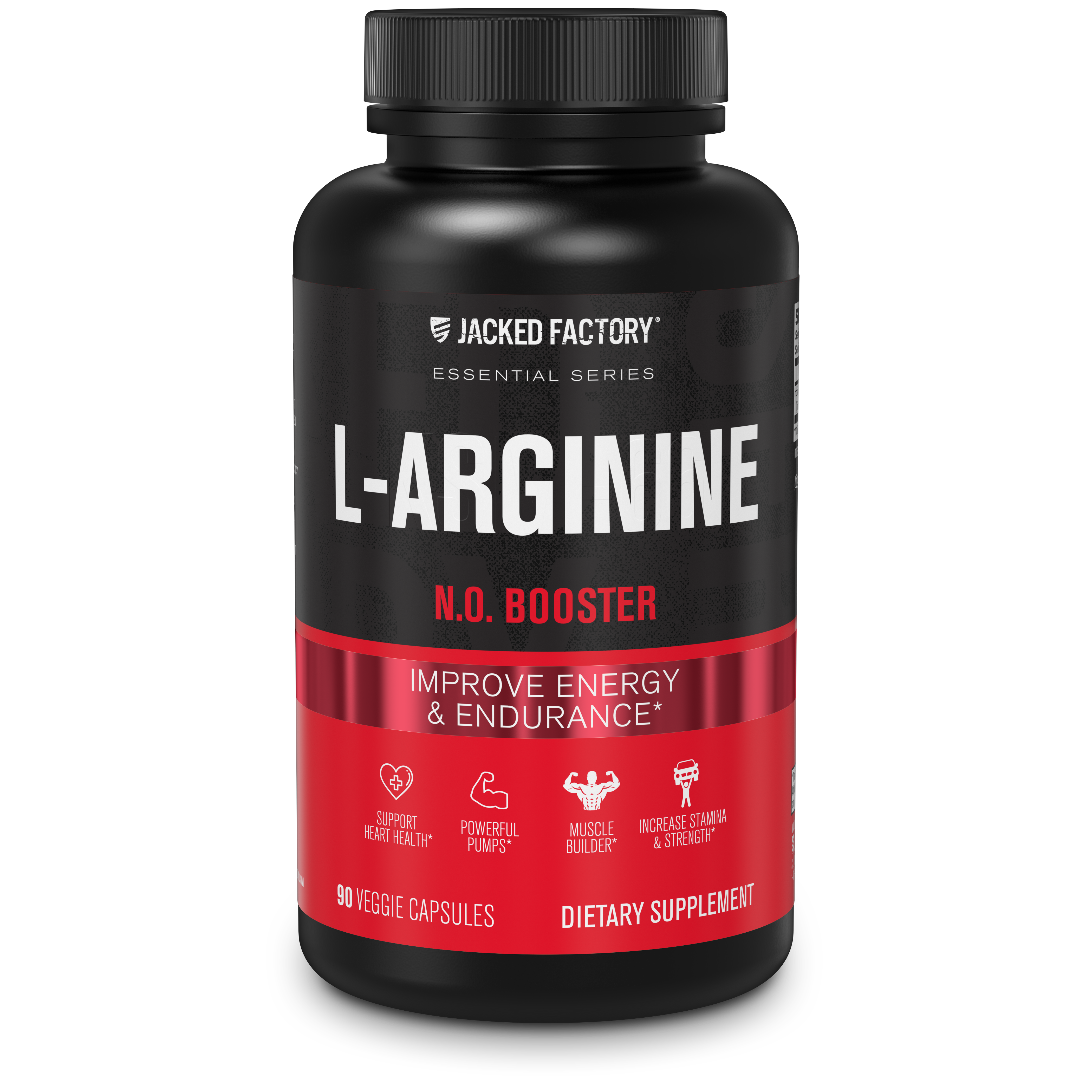 Jacked Factory's Premium L-Arginine Nitrosigine® (90 veggie capsules) in a black bottle with red label Edit alt text