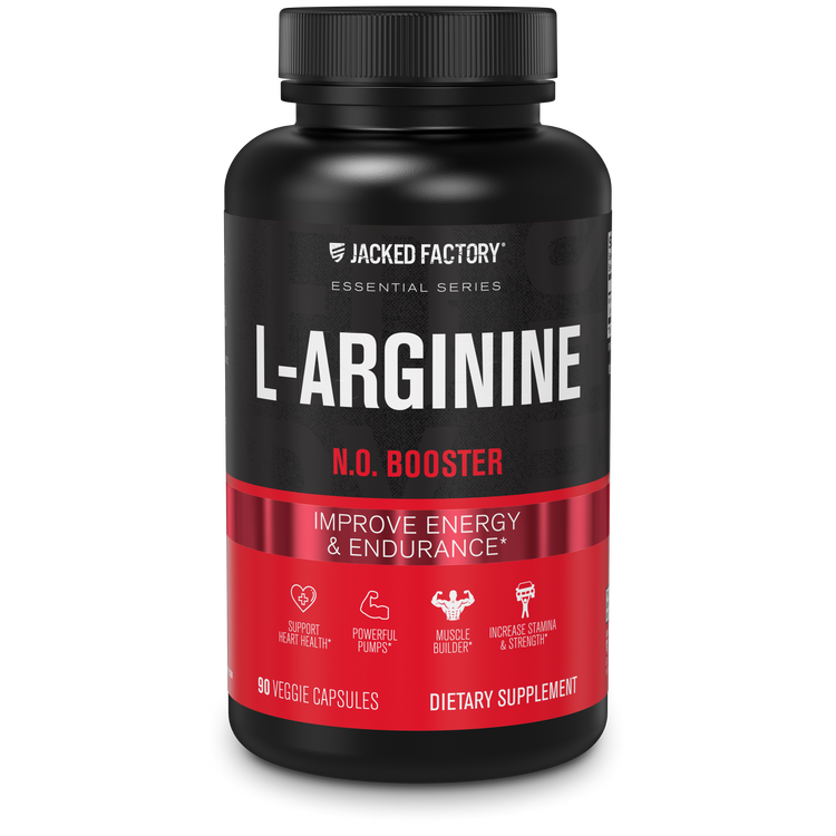 Jacked Factory's Premium L-Arginine Nitrosigine® (90 veggie capsules) in a black bottle with red label Edit alt text