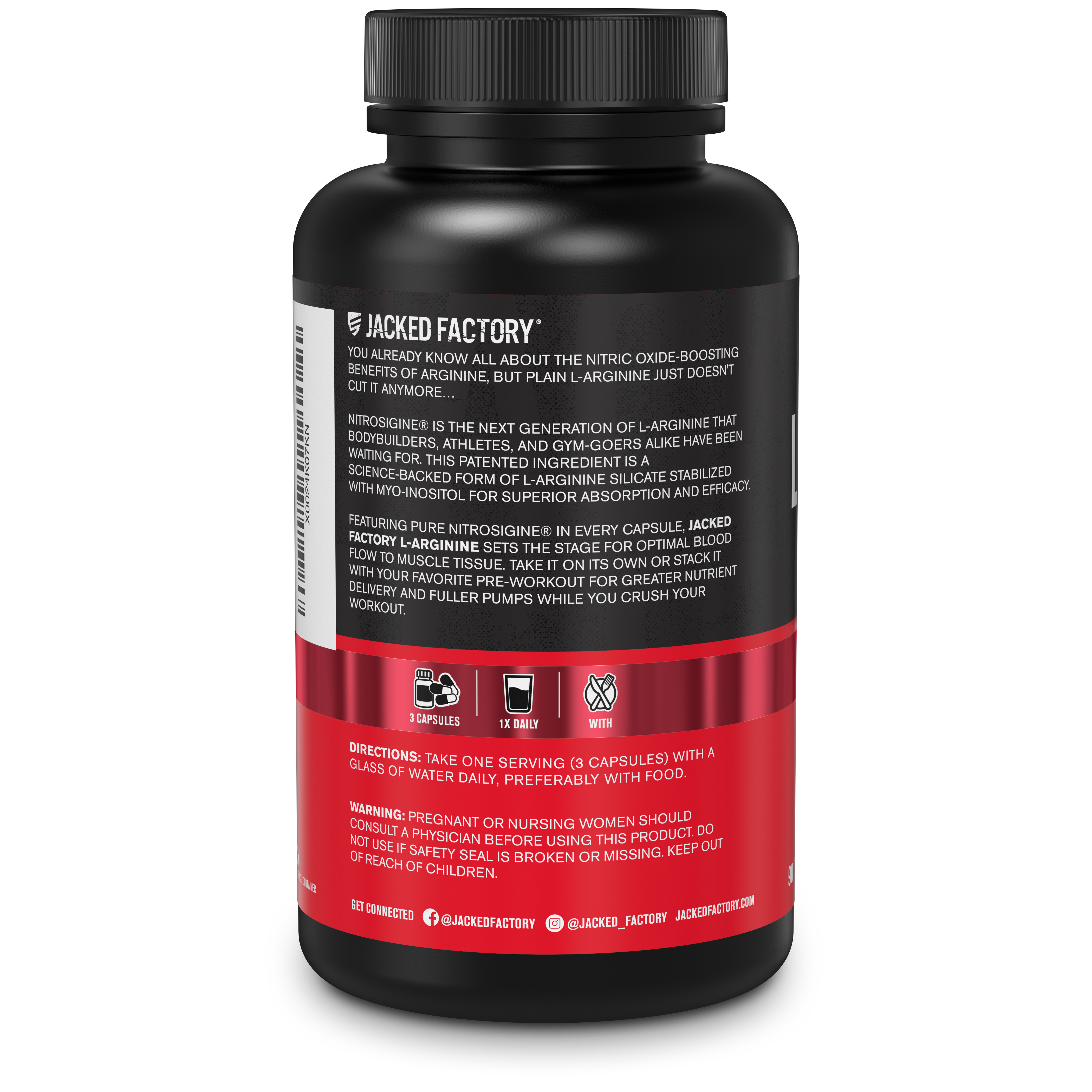 Side of Jacked Factory's Premium L-Arginine Nitrosigine® (90 veggie capsules) in a black bottle with red label showing product description