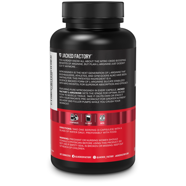 Side of Jacked Factory's Premium L-Arginine Nitrosigine® (90 veggie capsules) in a black bottle with red label showing product description