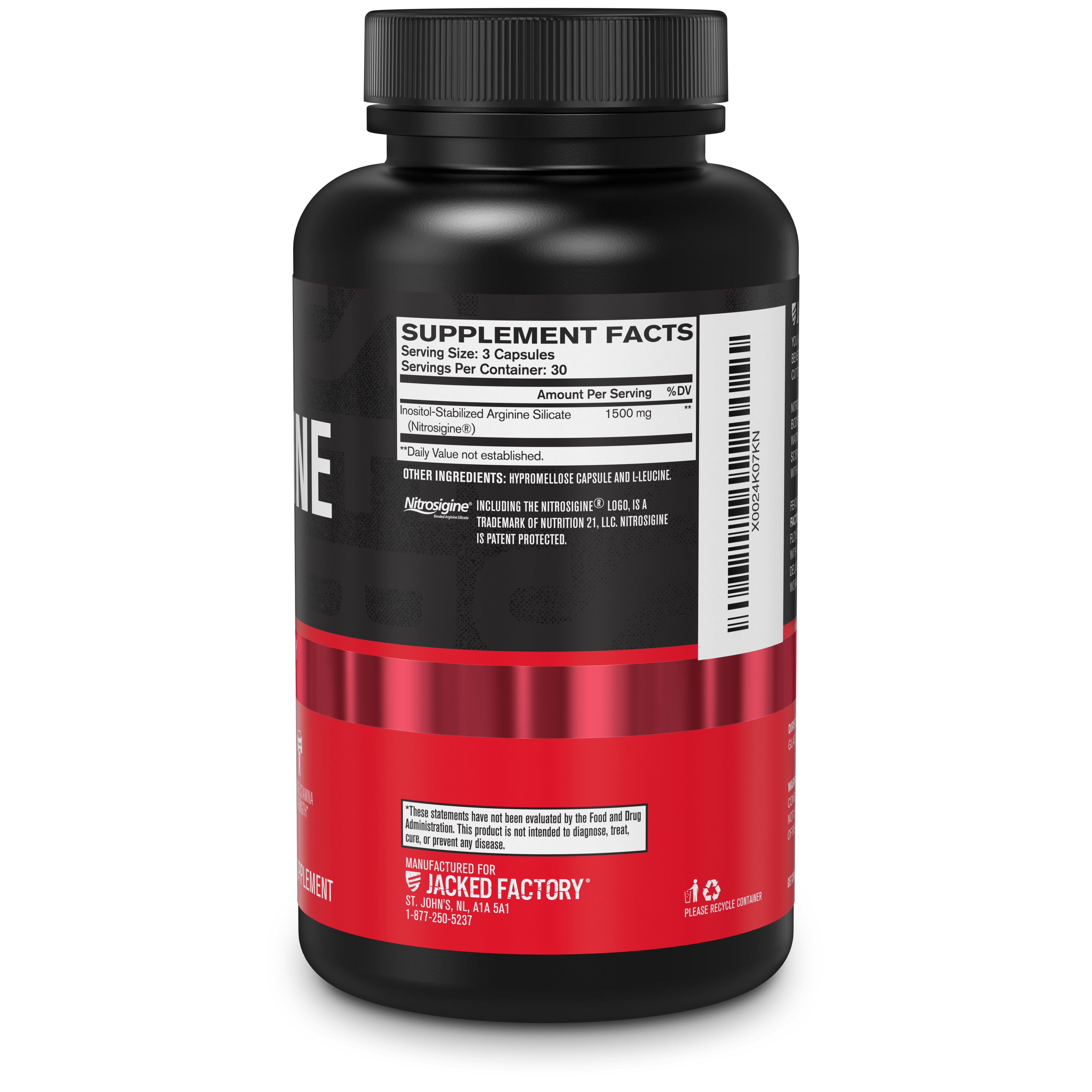Side of Jacked Factory's Premium L-Arginine Nitrosigine® (90 veggie capsules) in a black bottle with red label showing nutritional information