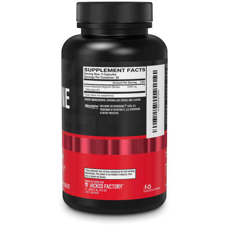 Side of Jacked Factory's Premium L-Arginine Nitrosigine® (90 veggie capsules) in a black bottle with red label showing nutritional information