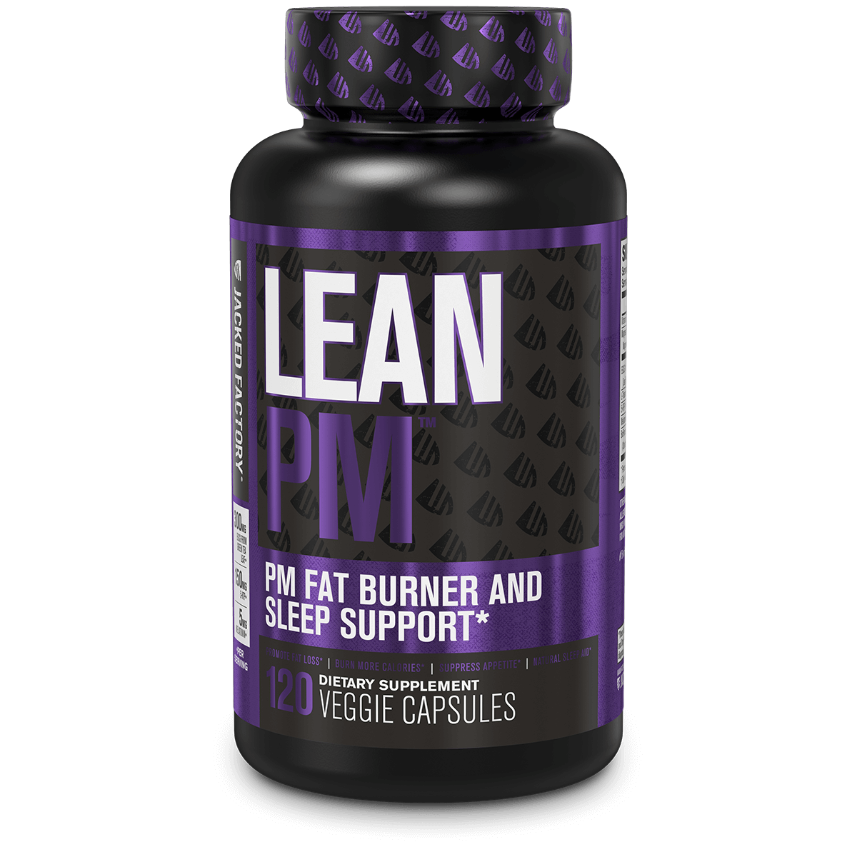 Jacked Factory's LEAN PM Night Time Fat Burner & Sleep Aid (120 veggie capsules) in a black bottle with purple label