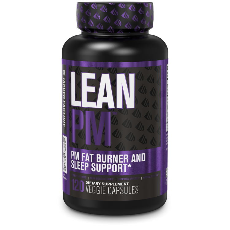 Jacked Factory's LEAN PM Night Time Fat Burner & Sleep Aid (120 veggie capsules) in a black bottle with purple label