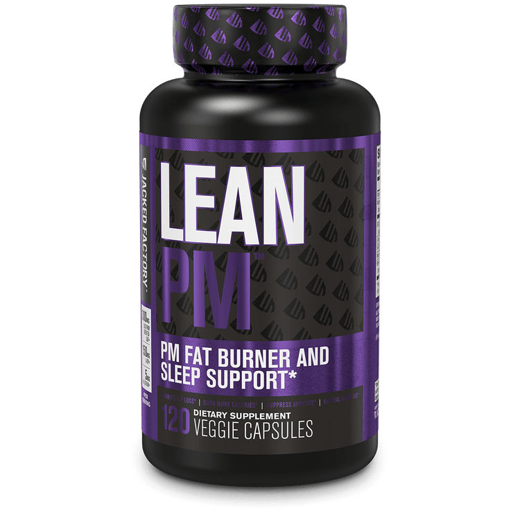 Jacked Factory's LEAN PM Night Time Fat Burner & Sleep Aid (120 veggie capsules) in a black bottle with purple label