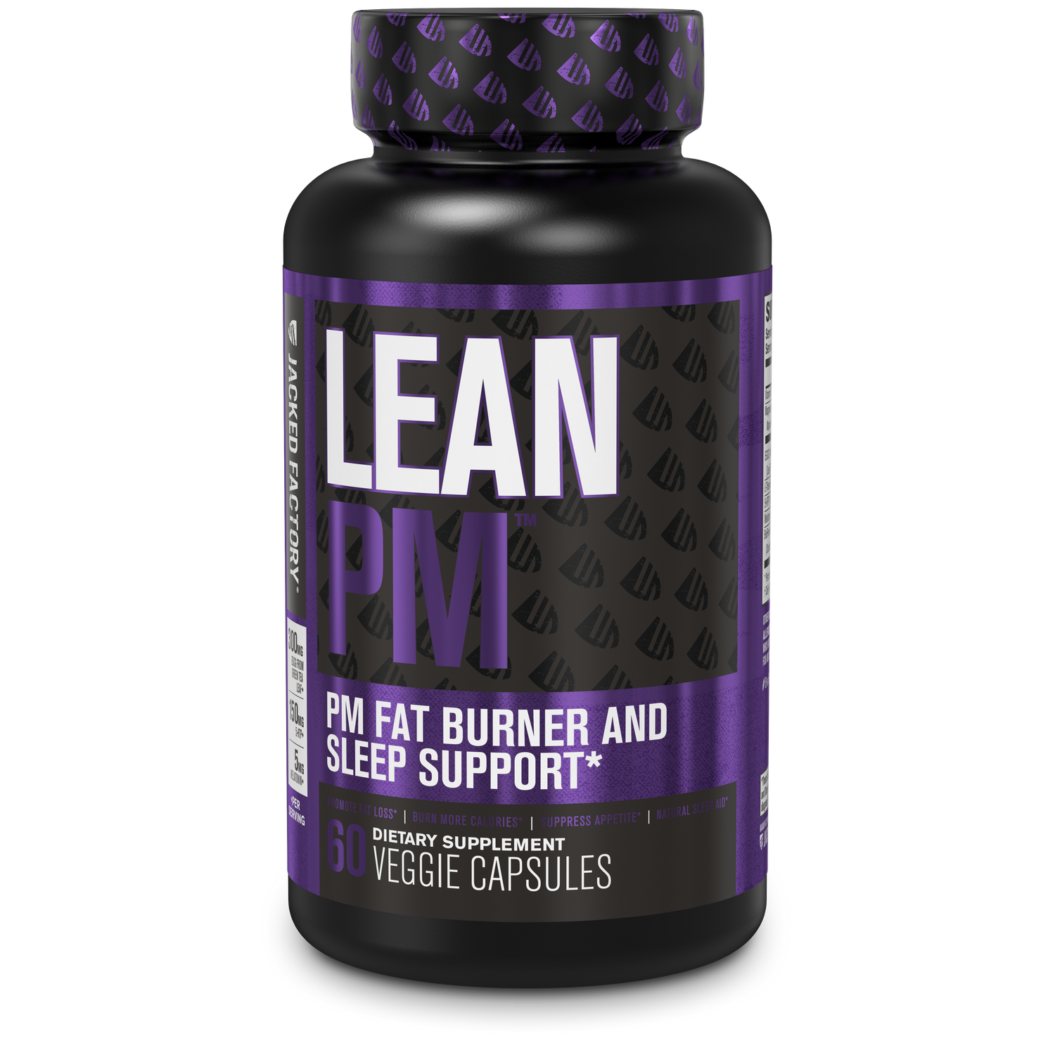 Jacked Factory's LEAN PM Night Time Fat Burner & Sleep Aid (60 veggie capsules) in a black bottle with purple label