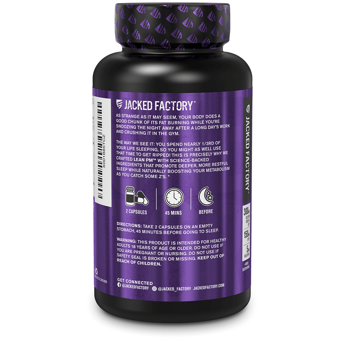 Side of Jacked Factory's LEAN PM Night Time Fat Burner & Sleep Aid (60 veggie capsules) in a black bottle with purple label showing product information