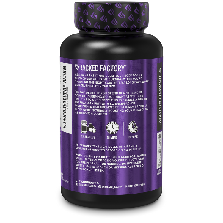 Side of Jacked Factory's LEAN PM Night Time Fat Burner & Sleep Aid (60 veggie capsules) in a black bottle with purple label showing product information