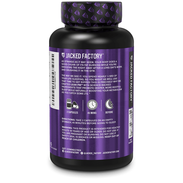 Side of Jacked Factory's LEAN PM Night Time Fat Burner & Sleep Aid (60 veggie capsules) in a black bottle with purple label showing product information