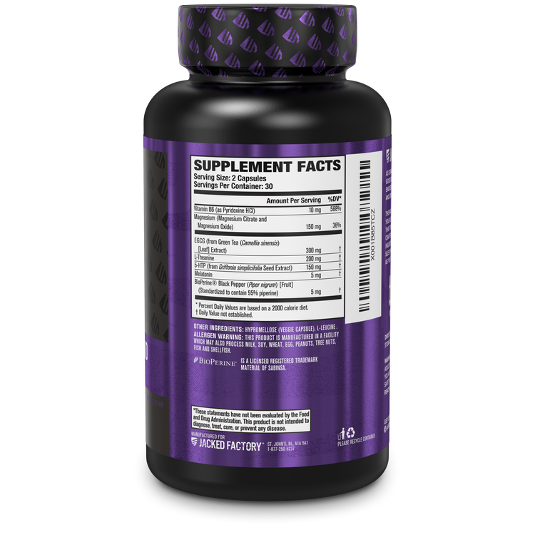 Side of Jacked Factory's LEAN PM Night Time Fat Burner & Sleep Aid (60 veggie capsules) in a black bottle with purple label showing nutritional information