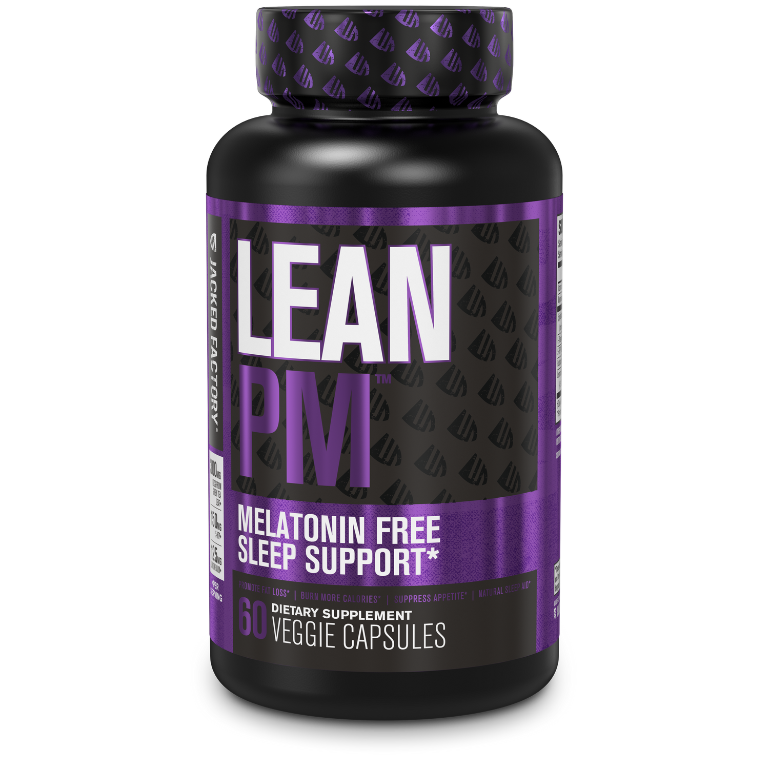Jacked Factory's LEAN PM Melatonin Free Night Time Fat Burner & Sleep Aid (60 veggie capsules) in a black bottle with purple label