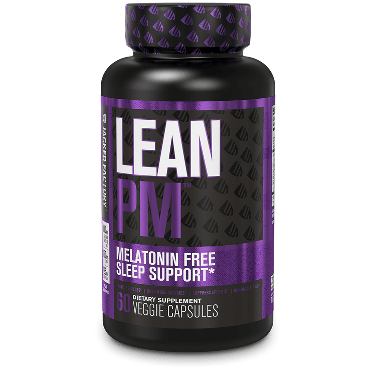 Jacked Factory's LEAN PM Melatonin Free Night Time Fat Burner & Sleep Aid (60 veggie capsules) in a black bottle with purple label