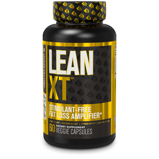 Jacked Factory's Lean-XT (60 veggie capsules) in a black bottle with yellow label