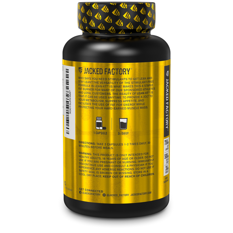 Side of Jacked Factory's Lean-XT (60 veggie capsules) in a black bottle with yellow label showing product description