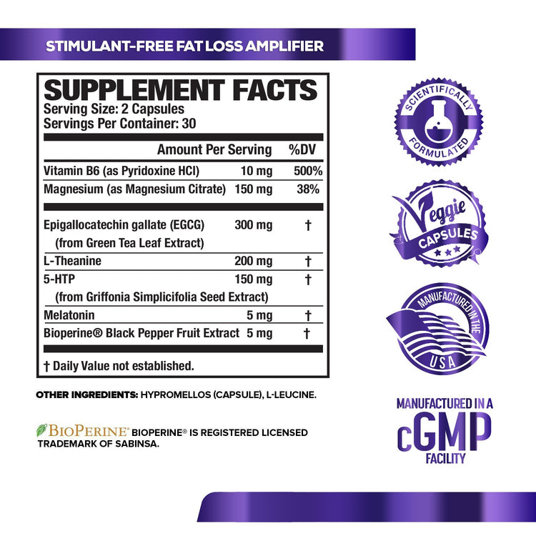 White nutrition label with black and purple text for Jacked Factory's LEAN PM Night Time Fat Burner & Sleep Aid (60 veggie capsules)