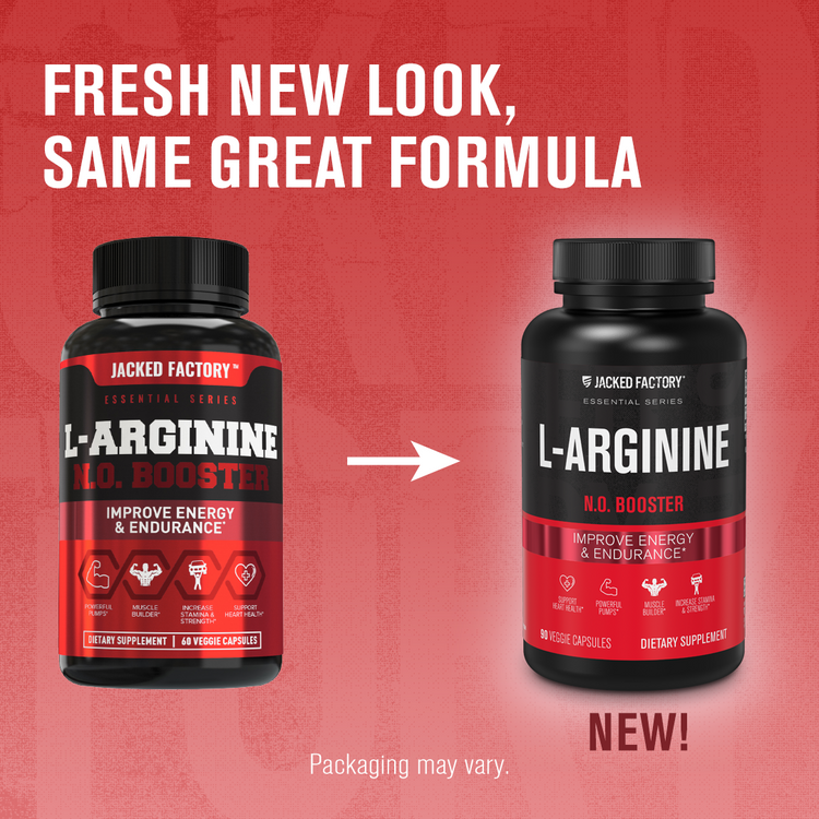 Comparing old L-Arginine Nitrosigine® (90 veggie capsules) label to new Jacked Factory L-Arginine Nitrosigine® (90 veggie capsules) label with the text "FRESH NEW LOOK, SAME GREAT FORMULA". Underneath reads "Packaging may vary."
