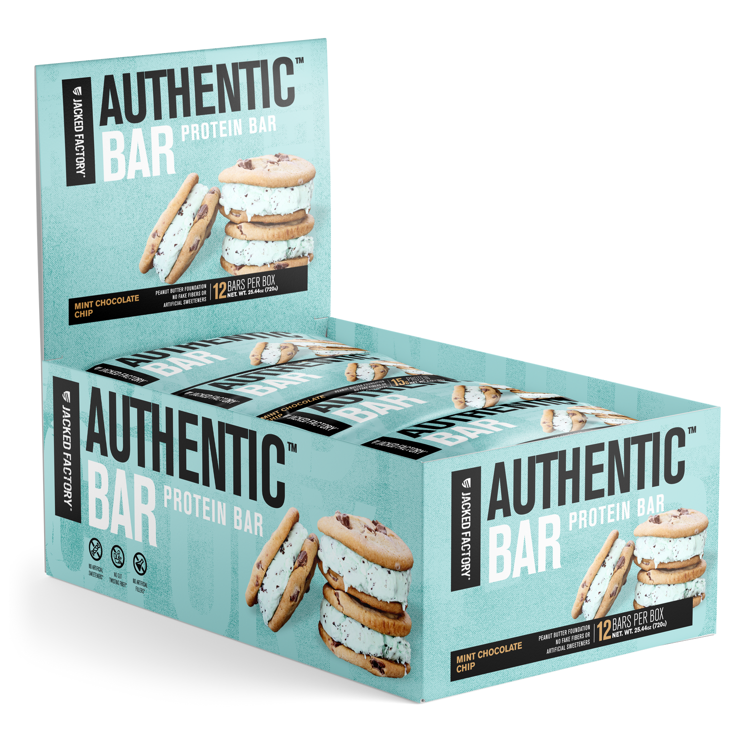 Jacked Factory's 6-pack of Mint Chocolate Chip Authentic Bars in a light blue box with a mint ice cream cookie sandwich image