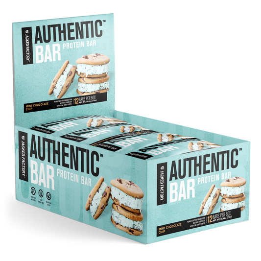 Jacked Factory's 6-pack of Mint Chocolate Chip Authentic Bars in a light blue box with a mint ice cream cookie sandwich image