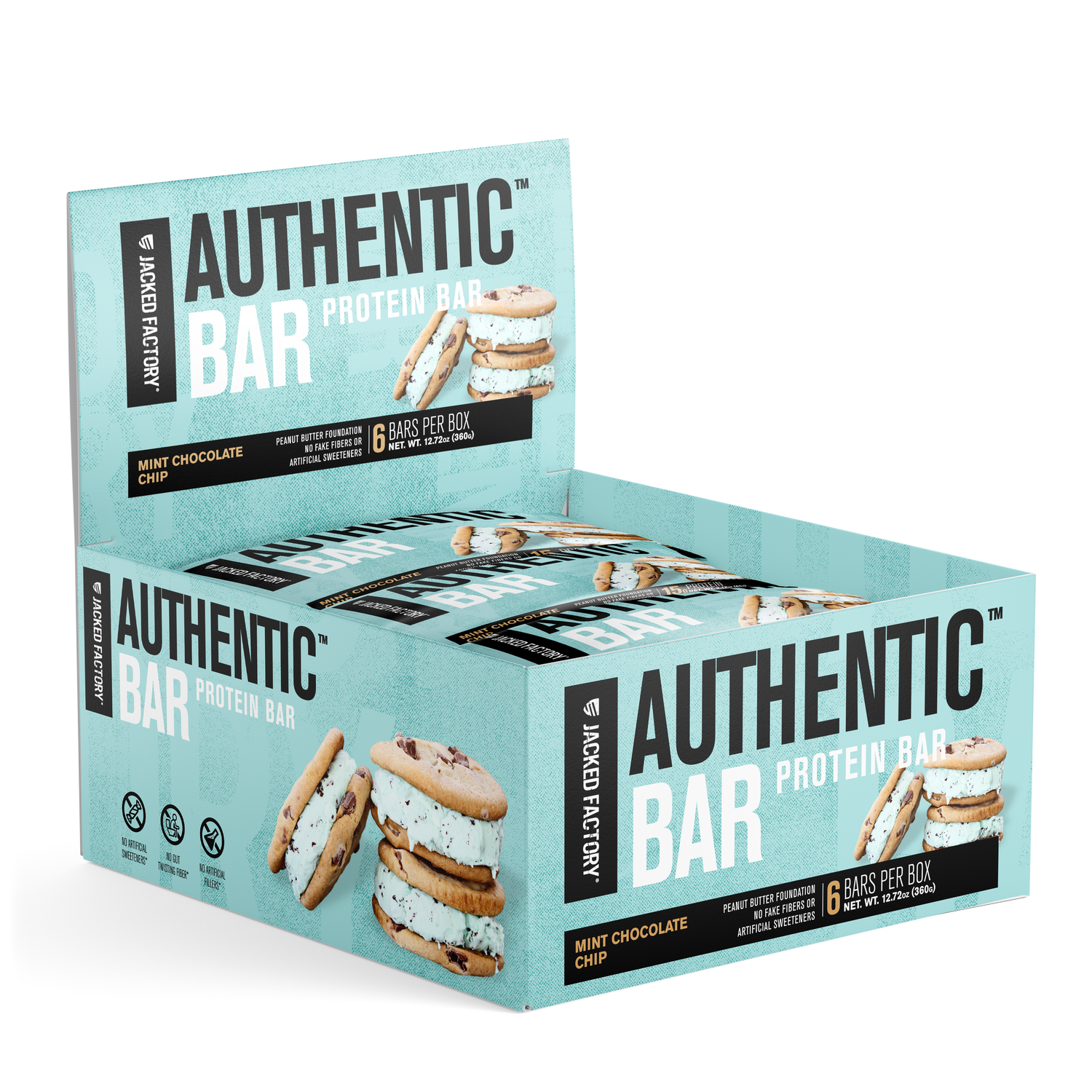 Jacked Factory's 6-pack of Mint Chocolate Chip Authentic Bars in a light blue box with a mint ice cream cookie sandwich image