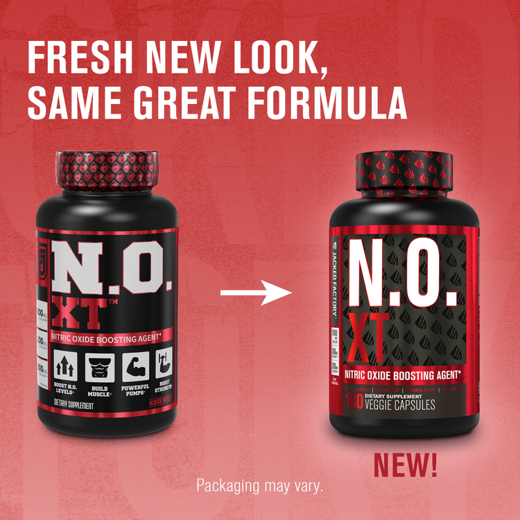 Comparing old N.O. XT (180 veggie capsules) label to new Jacked Factory N.O. XT (180 veggie capsules) label with the text "FRESH NEW LOOK, SAME GREAT FORMULA". Underneath reads "Packaging may vary."