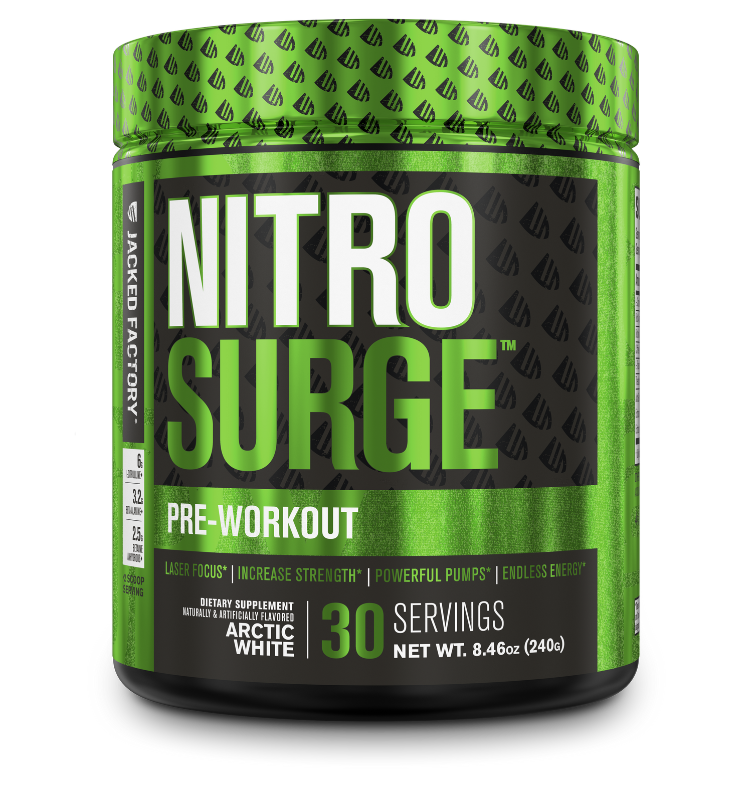 Jacked Factory's Arctic White Nitrosurge (30 servings) in a black bottle with green label